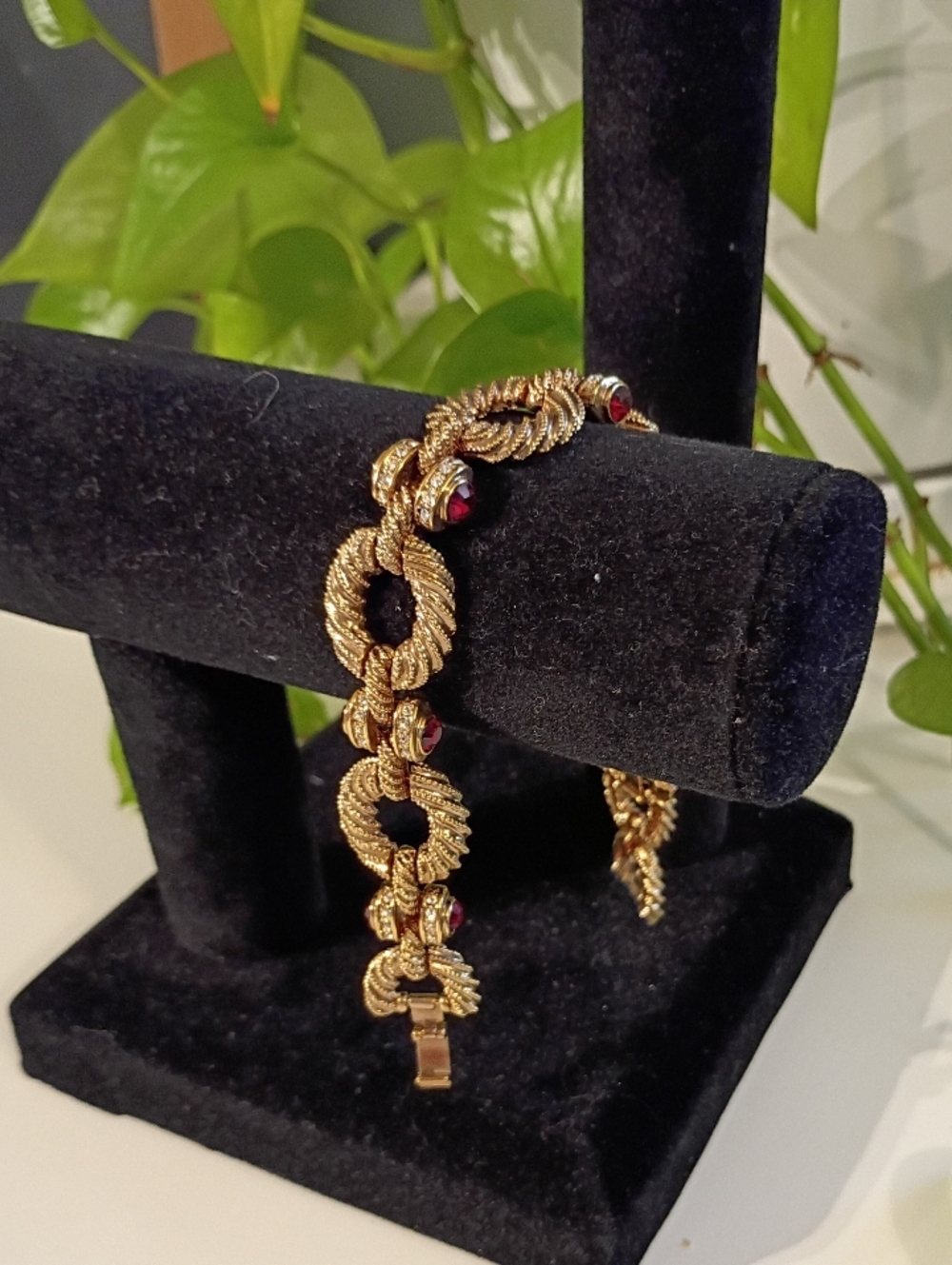 Gold-Tone Rope Link Bracelet with Red Stone Accents